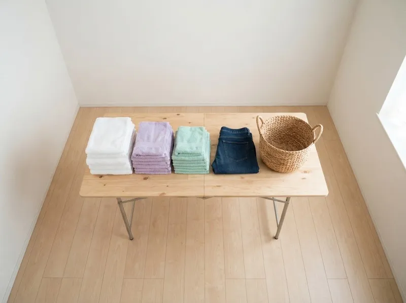Mesa para dobrar com toalhas dobradas